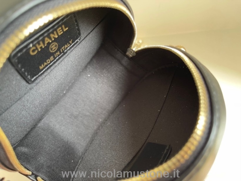 γνήσιας ποιότητας Chanel μαργαριτάρι αλυσίδα στρογγυλή τσάντα πορτοφόλι 12cm με κόκκους δέρμα μοσχαριού χρυσό υλικό συλλογή άνοιξη/καλοκαίρι 2022 μαύρο