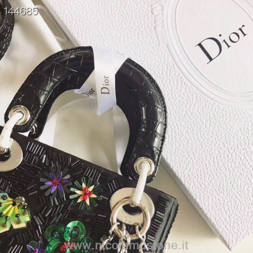 γυναικεία τσάντα Dior γνήσιας ποιότητας Christian Dior 18cm φλοράλ κεντημένο δέρμα μοσχαριού μαύρο