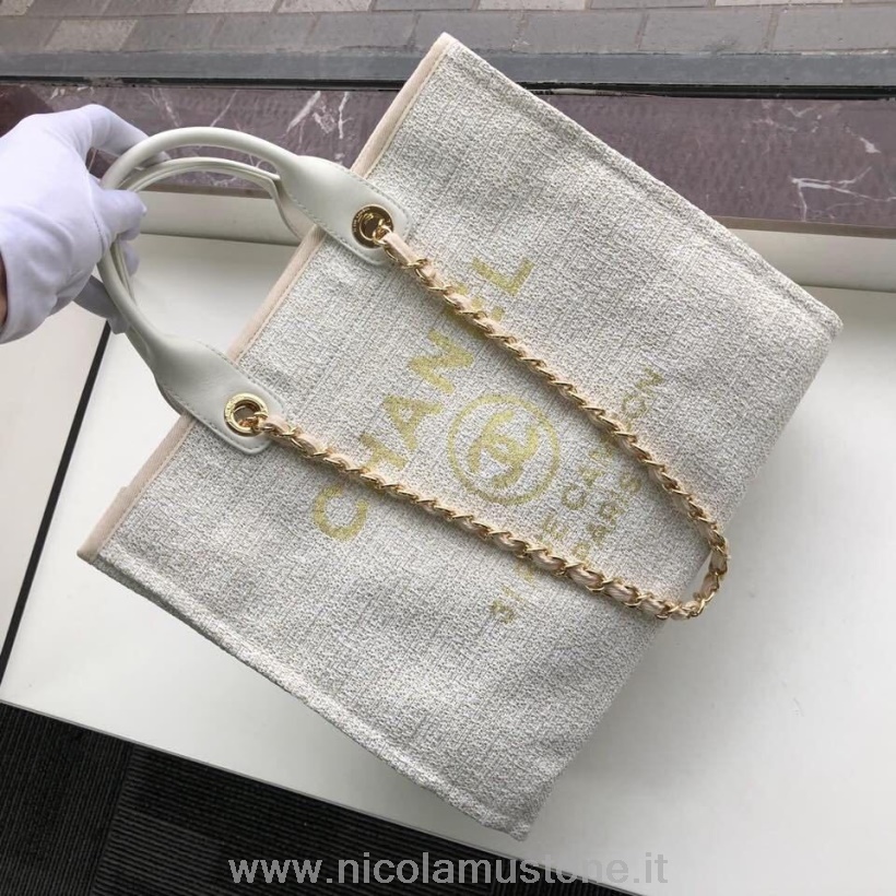 αυθεντική ποιότητα Chanel Deauville Tote 38cm Raffia πάνινη τσάντα φθινόπωρο/χειμώνας 2019 συλλογή μπεζ/λευκό