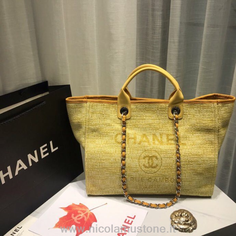 αυθεντική ποιότητα Chanel Deauville Tote 38cm πάνινη τσάντα άνοιξη/καλοκαίρι 2019 συλλογή κίτρινο/λευκό/multi