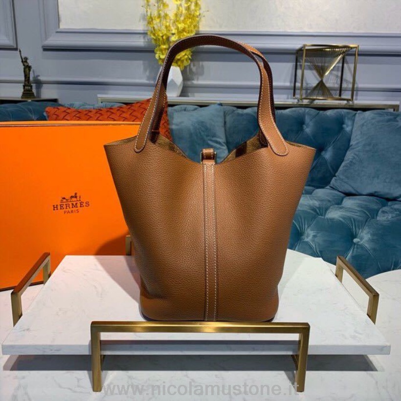 γνήσιας ποιότητας Hermes Picotin τσάντα κλειδαριάς 22cm Togo από δέρμα μοσχαριού ραμμένο χρυσό μαύρισμα