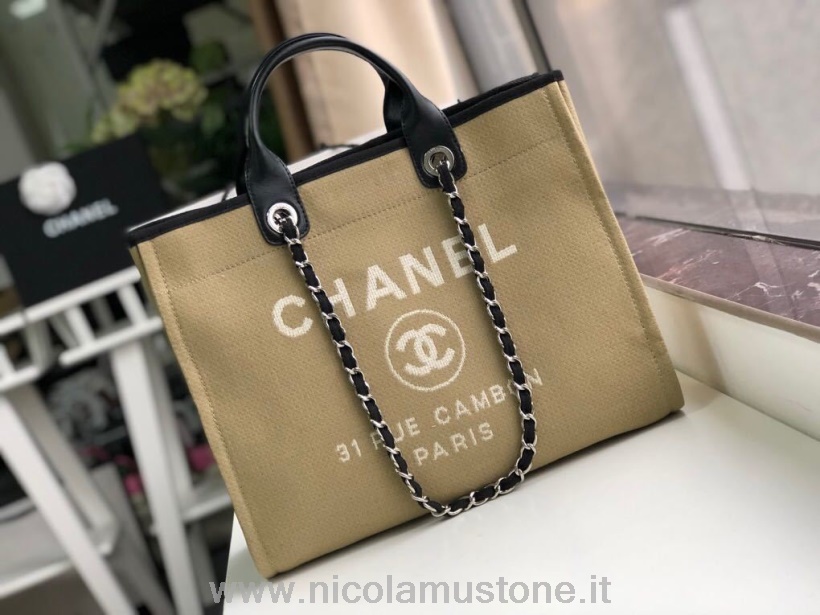 Πρωτότυπος ποιότητας Chanel Deauville Tote 38cm Twill πάνινη τσάντα φθινόπωρο/χειμώνας 2019 συλλογή μπεζ/λευκό