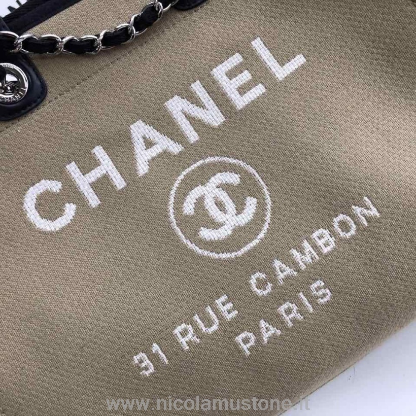 Πρωτότυπος ποιότητας Chanel Deauville Tote 38cm Twill πάνινη τσάντα φθινόπωρο/χειμώνας 2019 συλλογή μπεζ/λευκό