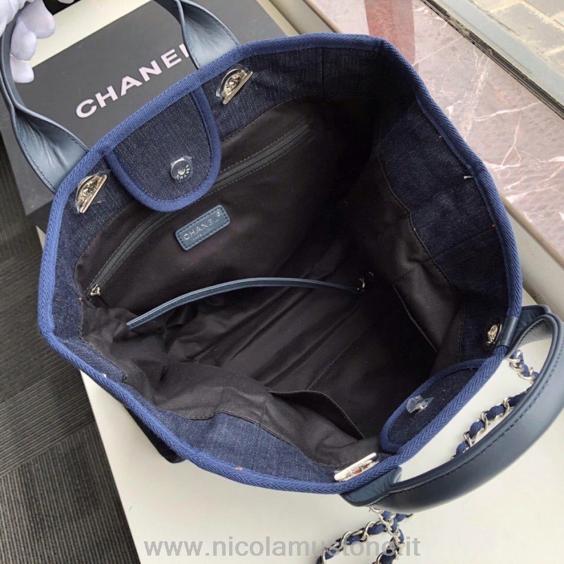 Πρωτότυπος ποιότητας Chanel Deauville Tote 38cm τζιν πάνινη τσάντα φθινόπωρο/χειμώνας 2019 συλλογή τζιν μπλε/λευκό
