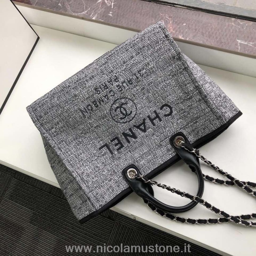 αυθεντική ποιότητα Chanel Deauville Tote 38cm Raffia πάνινη τσάντα φθινόπωρο/χειμώνας 2019 συλλογή μαύρο/άσπρο