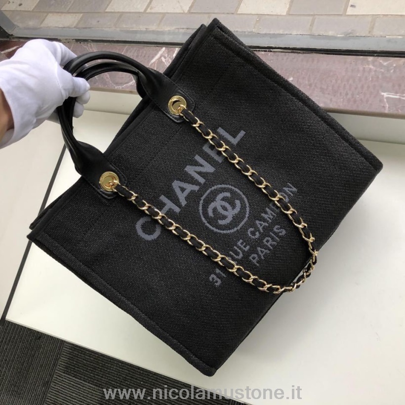 αυθεντική ποιότητα Chanel Deauville Tote 38cm Raffia πάνινη τσάντα φθινόπωρο/χειμώνας 2019 συλλογή μαύρο/γκρι