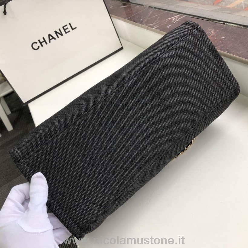 αυθεντική ποιότητα Chanel Deauville Tote 38cm Raffia πάνινη τσάντα φθινόπωρο/χειμώνας 2019 συλλογή μαύρο/γκρι