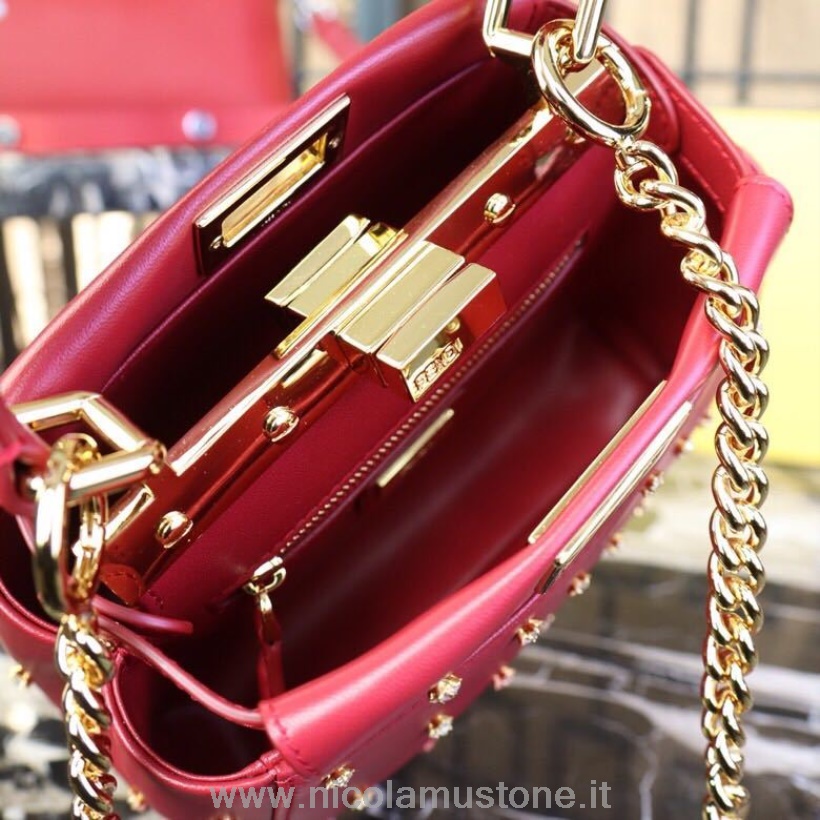αρχικής ποιότητας Fendi Mini Peekaboo τσάντα με χάντρες 20cm δέρμα μοσχαριού συλλογή άνοιξη/καλοκαίρι 2019 κόκκινο
