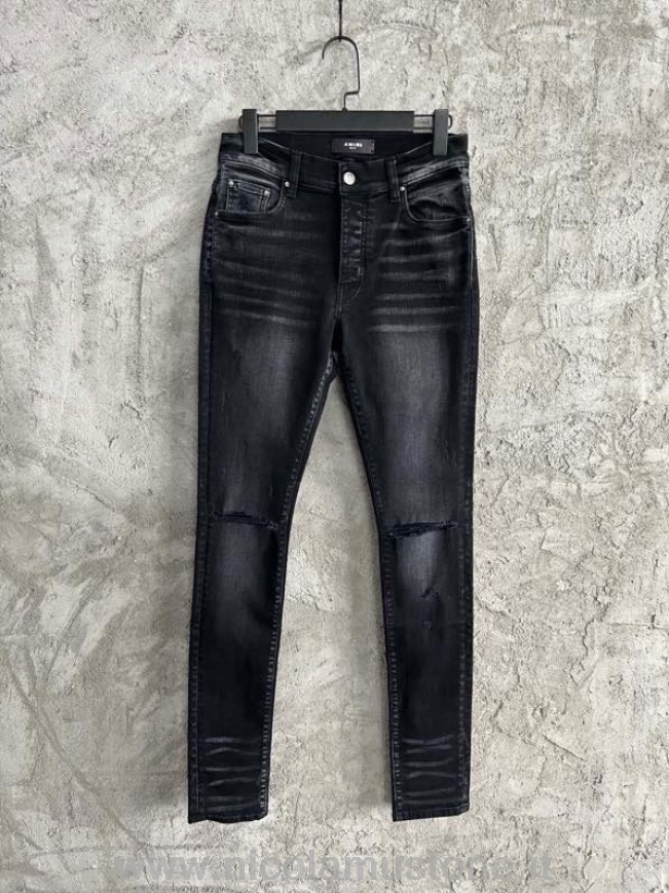 γνήσιας ποιότητας Amiri σκισμένο διπλό γόνατο πλυμένο Skinny τζιν τζιν συλλογή άνοιξη/καλοκαίρι 2022 μαύρο