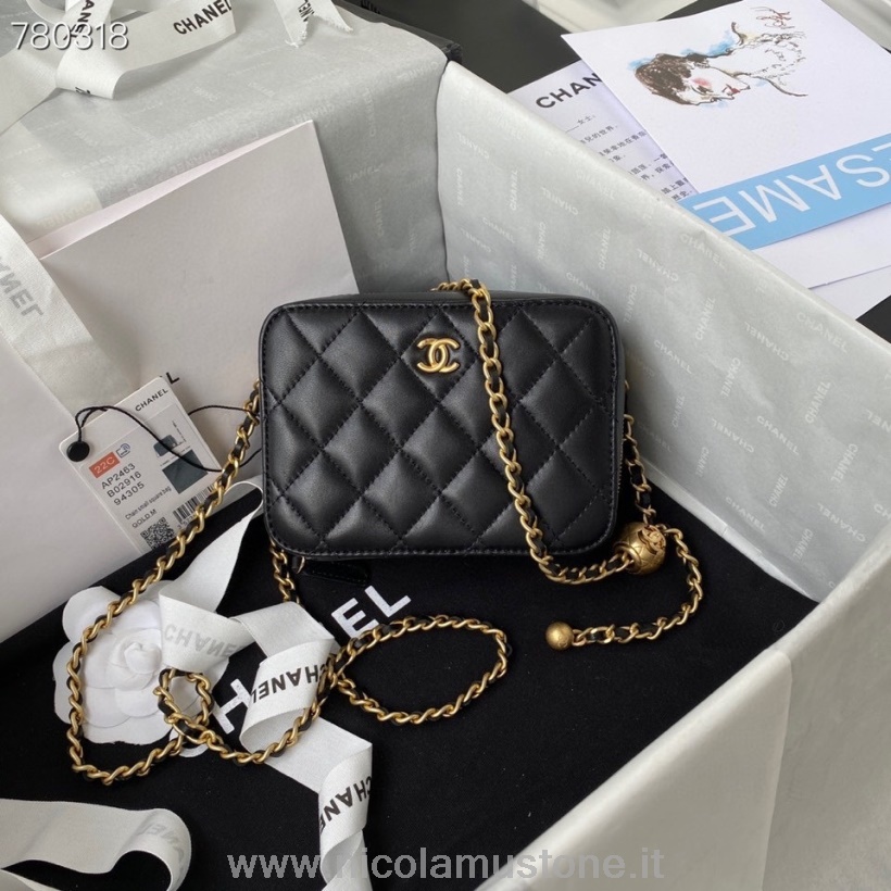 γνήσια ποιοτική τσάντα κουτί Chanel 14cm ως 2463 χρυσό υλικό από δέρμα αρνιού συλλογή φθινόπωρο/χειμώνας 2021 μαύρο
