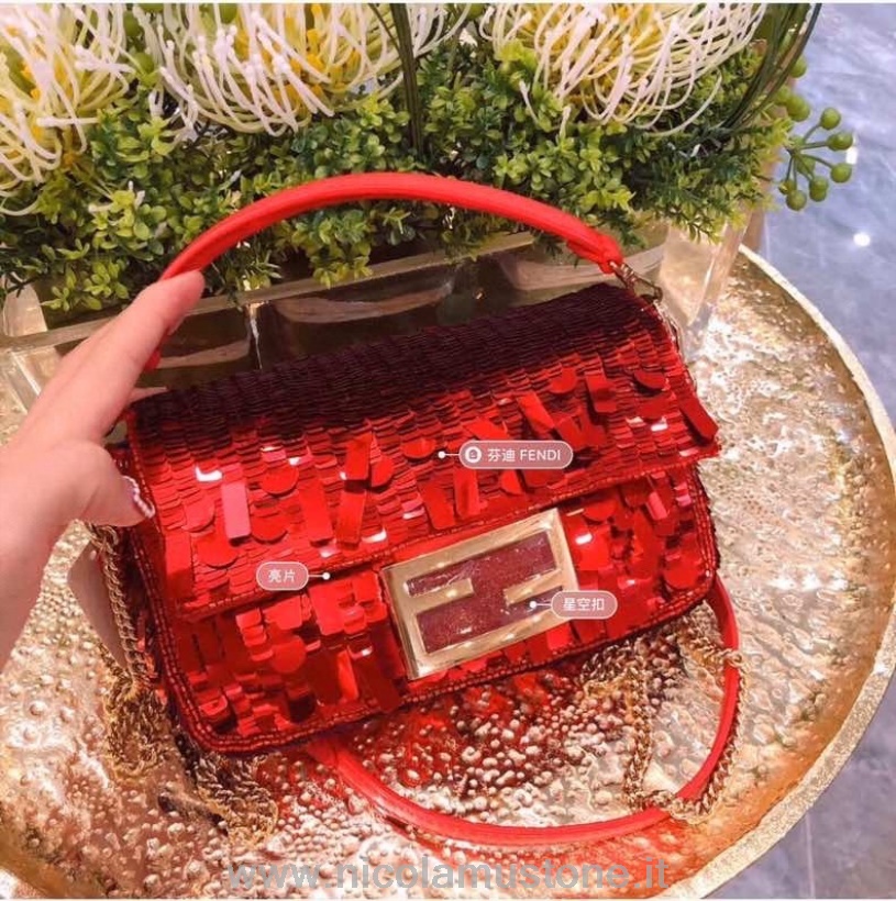 γνήσιας ποιότητας Fendi Ff παγιέτα διακοσμημένη τσάντα μπαγκέτας 28cm συλλογή άνοιξη/καλοκαίρι 2021 κόκκινο