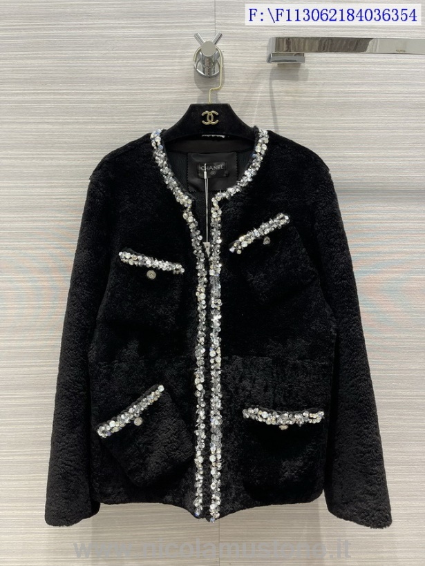 γνήσιας ποιότητας Chanel Jacquard σενίλ δερμάτινο παλτό φθινόπωρο/χειμώνας 2021 συλλογή μαύρο