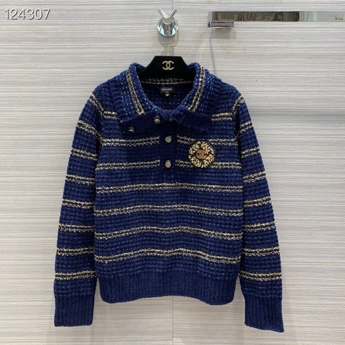 γυναικεία μακρυμάνικη πουλόβερ με ρίγες Chanel συλλογή φθινόπωρο/χειμώνας 2020 Navy Blue /χρυσό