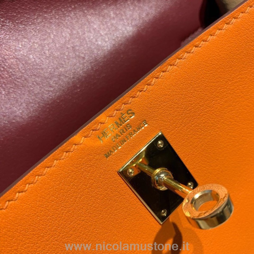γνήσιας ποιότητας Hermes Kelly Danse τσάντα 25cm χρυσό Hardware Swift δέρμα ημι-ραμμένο πορτοκαλί/μπορντό/τρέφωμα