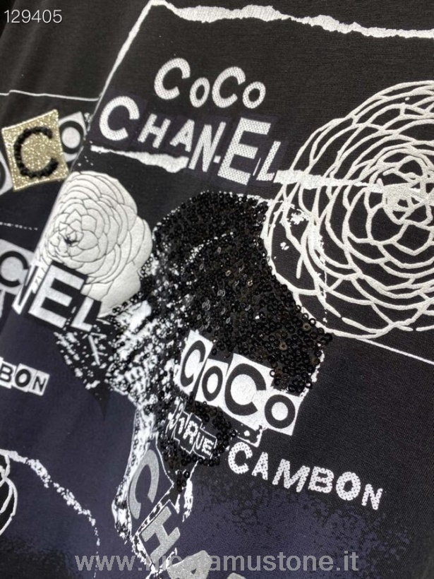 γυναικείο πουλόβερ φθινόπωρο/χειμώνας 2020 συλλογή μαύρου χρώματος μπλουζάκι με μοτίβο Chanel Coco γραφικό