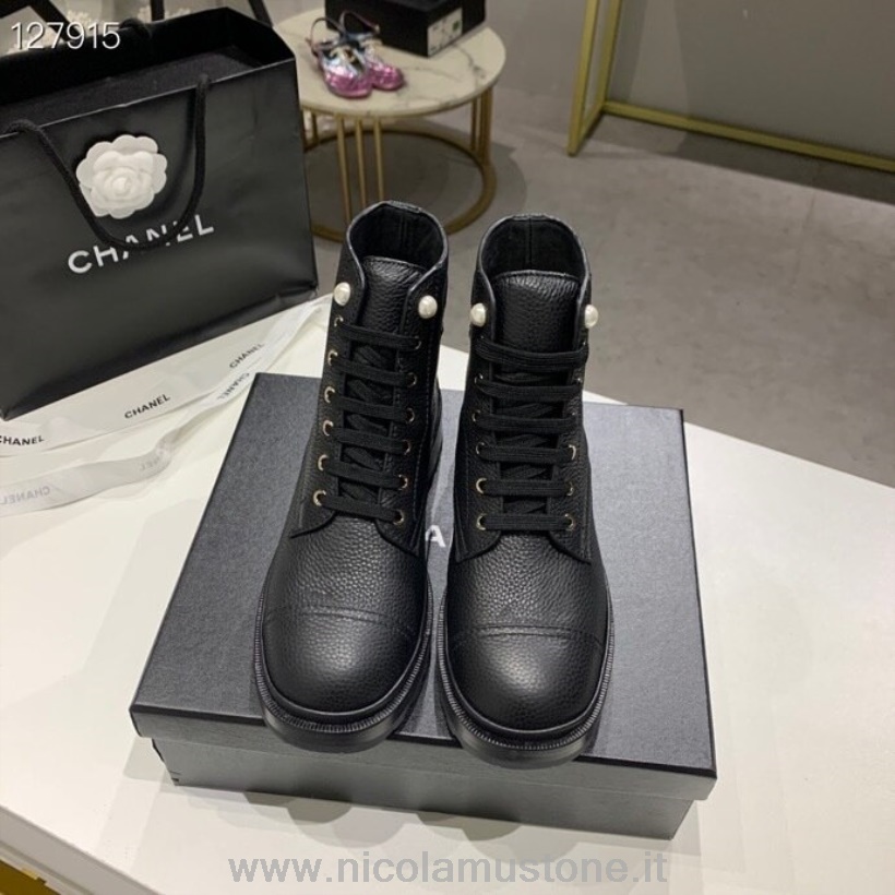 γνήσιας ποιότητας Chanel μποτάκια με κορδόνια από δέρμα μοσχαριού φθινόπωρο/χειμώνας 2020 συλλογή μαύρο