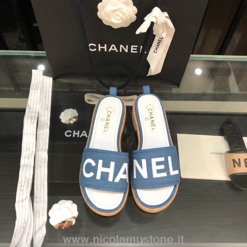 αρχικής ποιότητας Chanel Canvas Mule πέδιλα δέρμα μοσχαριού άνοιξη/καλοκαίρι 2020 Act 2 συλλογή μπλε