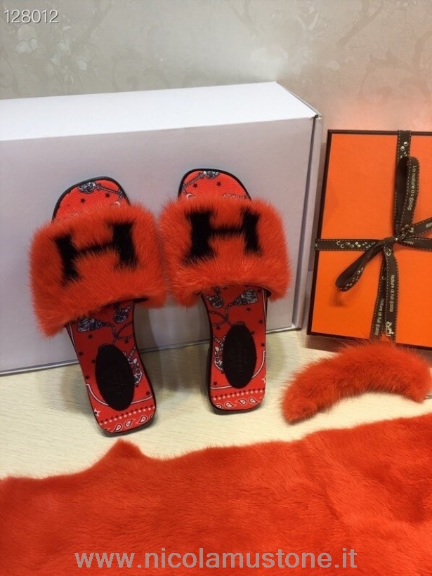 αρχικής ποιότητας Hermes Oran H Logo μινκ γούνα Flat Mules συλλογή φθινόπωρο/χειμώνας 2020 πορτοκαλί