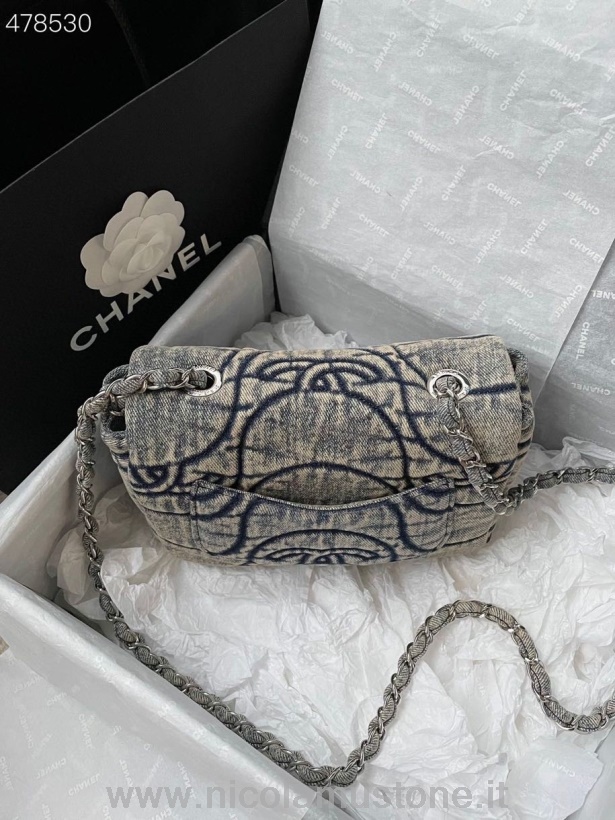 αρχικής ποιότητας Chanel τζιν Mini Flap τσάντα 20cm ασημί υλικό φθινόπωρο/χειμώνας 2021 συλλογή σκούρο μπλε