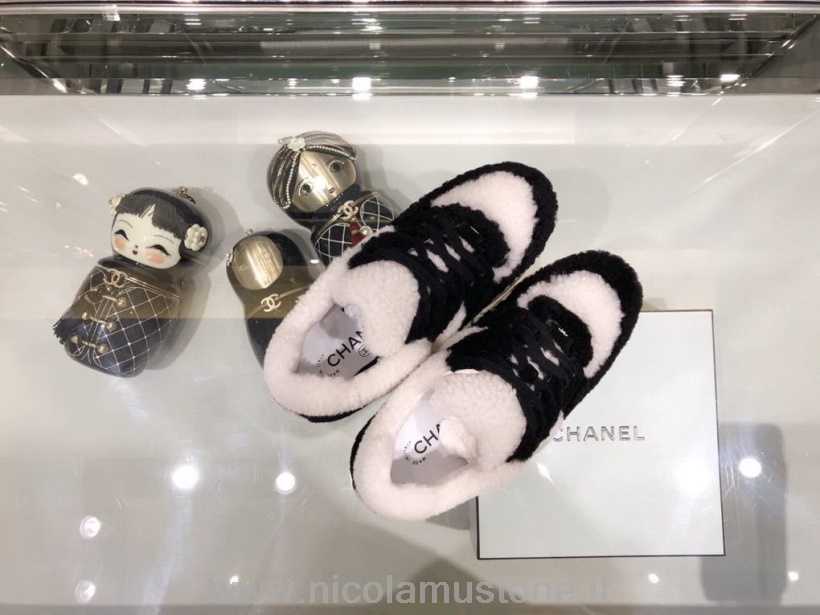 Πρωτότυπος ποιότητας Chanel με λογότυπο αθλητικά παπούτσια με γούνα/δέρμα αρνιού φθινόπωρο/χειμώνας 2019 συλλογή μαύρο/άσπρο