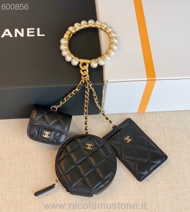 αρχικής ποιότητας Chanel τριπλή μινιατούρα μαργαριτάρι κεντημένη λαβή πτερύγιο βραχιόλι τσάντα 12cm δέρμα αρνιού χρυσό υλικό συλλογή φθινόπωρο/χειμώνας 2021 μαύρο