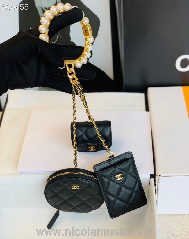 αρχικής ποιότητας Chanel τριπλή μινιατούρα μαργαριτάρι κεντημένη λαβή πτερύγιο βραχιόλι τσάντα 12cm δέρμα αρνιού χρυσό υλικό συλλογή φθινόπωρο/χειμώνας 2021 μαύρο