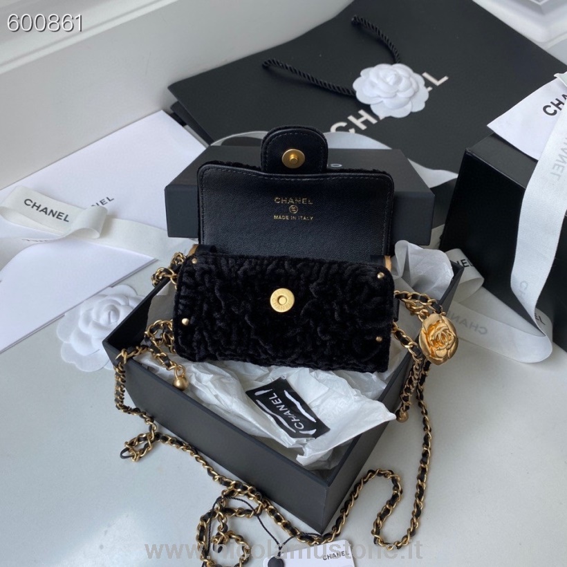 αυθεντική ποιοτική θήκη για κοσμήματα Chanel με αλυσίδα 12cm δέρμα αρνιού χρυσό υλικό συλλογή φθινόπωρο/χειμώνας 2021 μαύρο