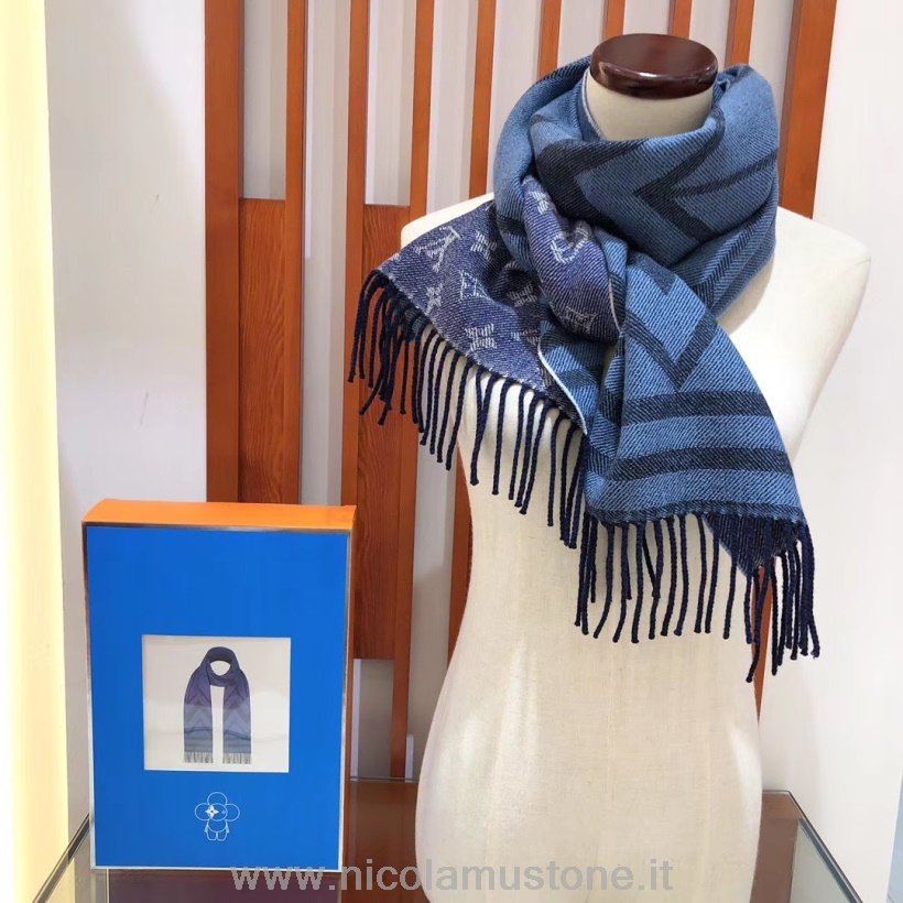 γνήσιας ποιότητας Louis Vuitton Switch μαλλί μαντήλι πόλης 190cm συλλογή φθινόπωρο/χειμώνας 2019 M70935 σκούρο μπλε/γκρι/μπλε