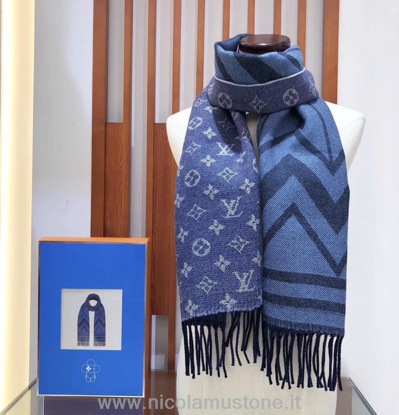 γνήσιας ποιότητας Louis Vuitton Switch μαλλί μαντήλι πόλης 190cm συλλογή φθινόπωρο/χειμώνας 2019 M70935 σκούρο μπλε/γκρι/μπλε