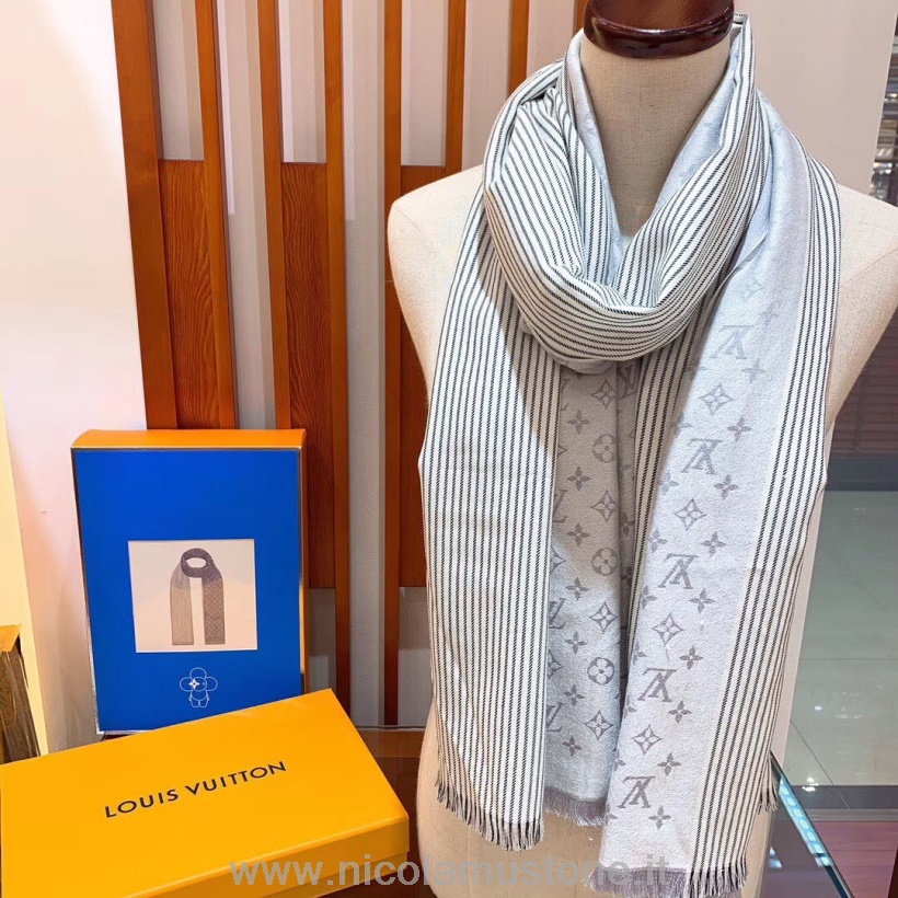 γνήσιας ποιότητας Louis Vuitton μονόγραμμα γραμμές μαλλί/μεταξωτό φουλάρι 195cm φθινόπωρο/χειμώνας 2019 συλλογή M71227 ασημί/λευκό