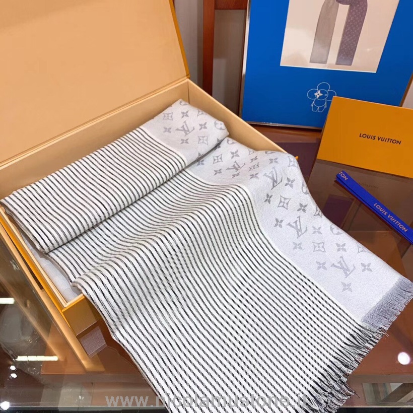 γνήσιας ποιότητας Louis Vuitton μονόγραμμα γραμμές μαλλί/μεταξωτό φουλάρι 195cm φθινόπωρο/χειμώνας 2019 συλλογή M71227 ασημί/λευκό