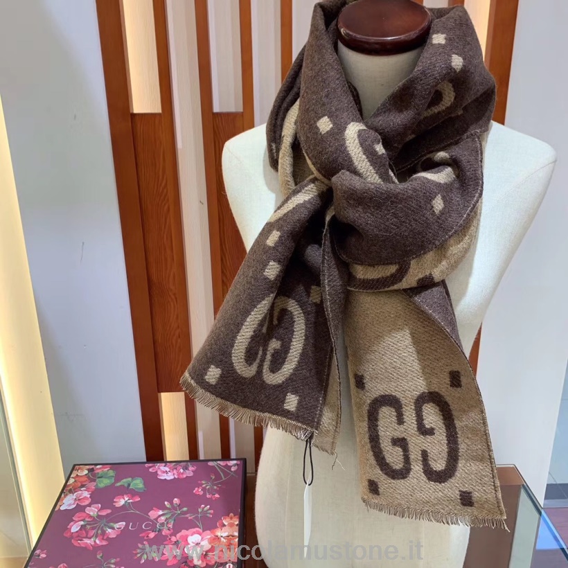 γνήσιας ποιότητας Gucci Gg ζακάρ κασκόλ μαλλί μεταξωτό 180cm συλλογή φθινόπωρο/χειμώνας 2019 καφέ/μπεζ
