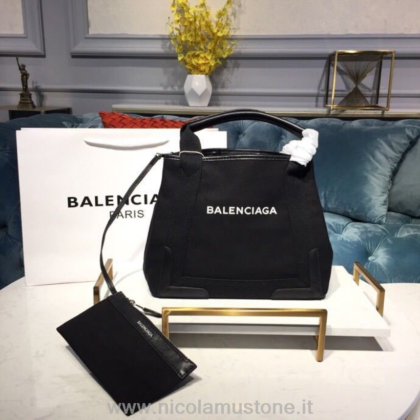 γνήσιας ποιότητας Balenciaga Cabas δερμάτινη επένδυση καμβά τσάντα 30cm συλλογή άνοιξη/καλοκαίρι 2019 μαύρο
