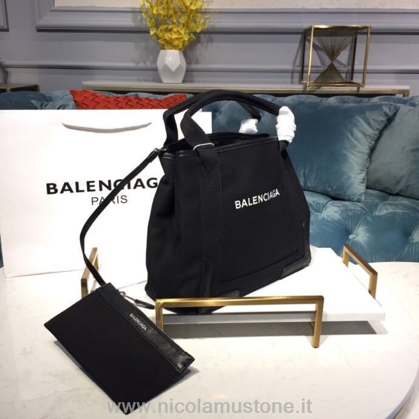 γνήσιας ποιότητας Balenciaga Cabas δερμάτινη επένδυση καμβά τσάντα 30cm συλλογή άνοιξη/καλοκαίρι 2019 μαύρο