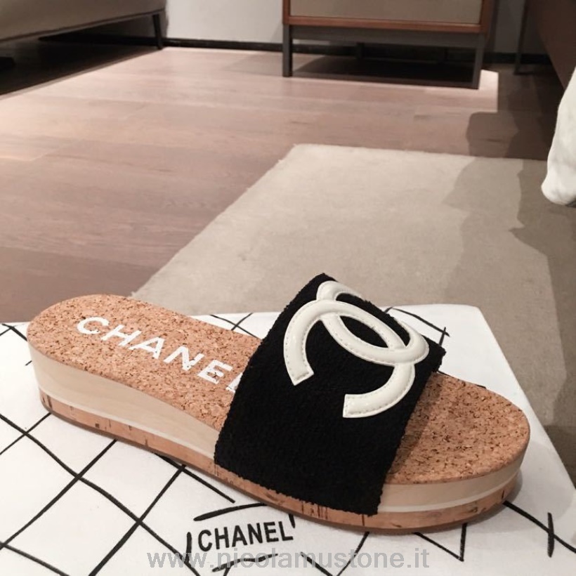 αυθεντικά πέδιλα από φελλό Chanel σουέτ/δέρμα από δέρμα μοσχαριού συλλογή άνοιξη/καλοκαίρι 2020 μαύρο/άσπρο