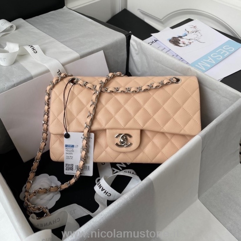 γνήσιας ποιότητας Chanel Classic Flap τσάντα 25cm με κόκκους δέρμα μοσχαριού ασημί υλικό κρουαζέ συλλογή άνοιξη/καλοκαίρι 2022 Peachy