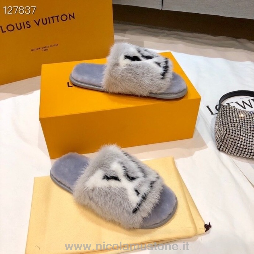 αρχικής ποιότητας Louis Vuitton Homey Flat Mules γούνα βιζόν φθινόπωρο/χειμώνας 2020 συλλογή 1a5szm Gris