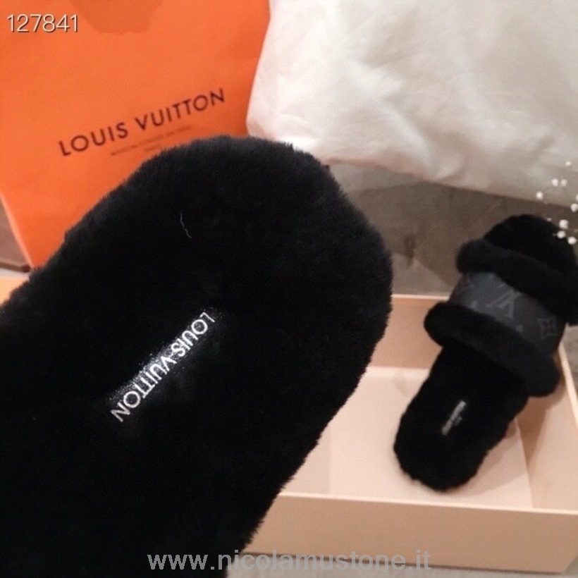 αυθεντικής ποιότητας Louis Vuitton Lock It γούνινο σανδάλι μονόγραμμα καμβάς συλλογή φθινόπωρο/χειμώνας 2020 1a8770 μαύρο
