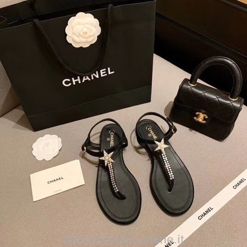 αυθεντικά πέδιλα στρινγκ με κοσμήματα με αστέρι Chanel δέρμα μοσχαριού συλλογή άνοιξη/καλοκαίρι 2020 Act 2 μαύρο