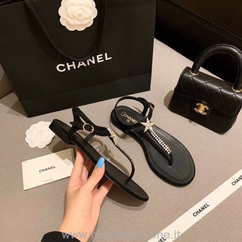 αυθεντικά πέδιλα στρινγκ με κοσμήματα με αστέρι Chanel δέρμα μοσχαριού συλλογή άνοιξη/καλοκαίρι 2020 Act 2 μαύρο