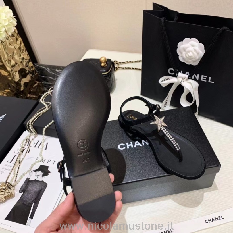Σανδάλια αυθεντικής ποιότητας Chanel Star στρινγκ καμβάς/δέρμα αρνιού συλλογή άνοιξη/καλοκαίρι 2021 μαύρο/ασημί