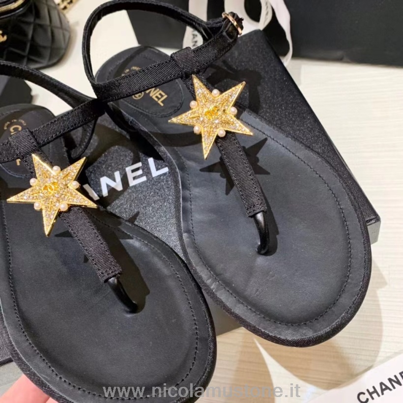 γνήσιας ποιότητας Chanel Star στρινγκ σανδάλια καμβάς/δέρμα αρνιού συλλογή άνοιξη/καλοκαίρι 2021 μαύρο