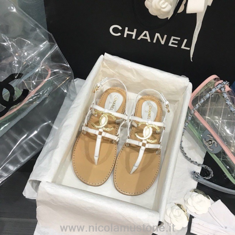 αρχικής ποιότητας Chanel Cage Cc λογότυπο στρινγκ σανδάλια δέρμα μοσχαριού δέρμα άνοιξη/καλοκαίρι 2020 Act 2 συλλογή λευκό