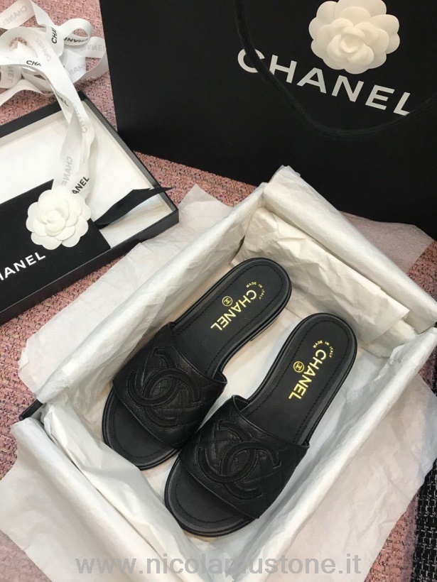 αρχικής ποιότητας Chanel Cc Logo Mule σανδάλια δέρμα μοσχαριού άνοιξη/καλοκαίρι 2020 συλλογή Act 2 μαύρο