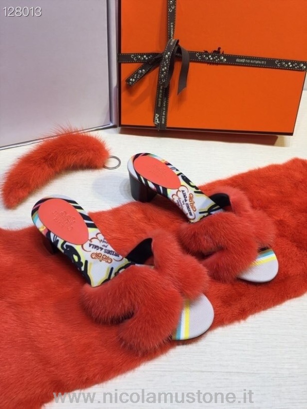 αυθεντικής ποιότητας Hermes Oran Mink Fur Mules φθινόπωρο/χειμώνας 2020 συλλογή πορτοκαλί