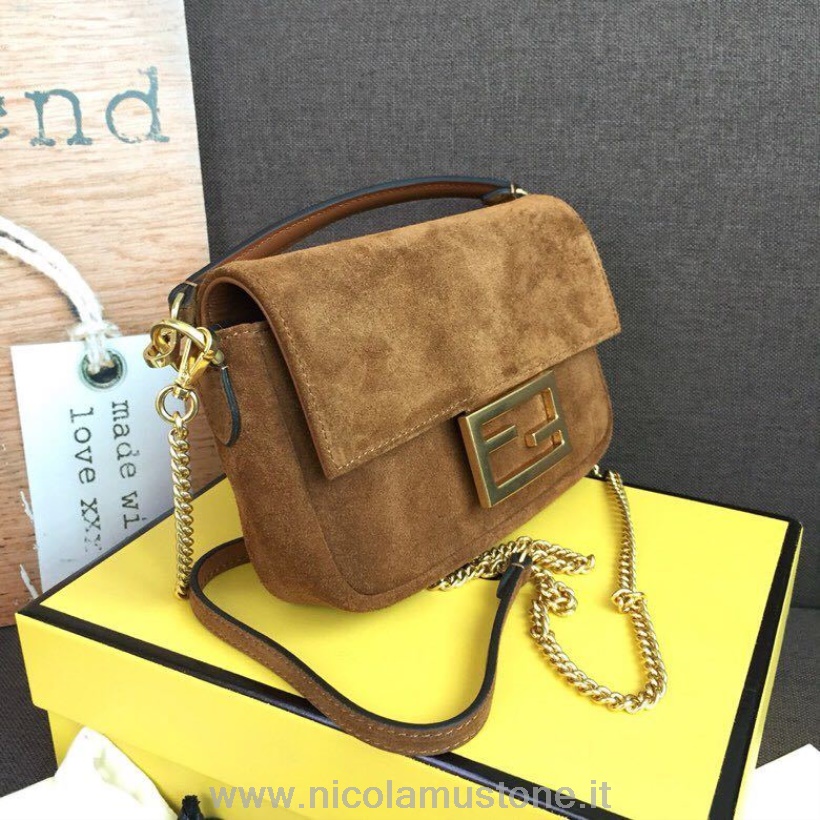 γνήσιας ποιότητας τσάντα Mini Baguette Fendi 18cm δέρμα σουέτ συλλογή άνοιξη/καλοκαίρι 2019 καφέ