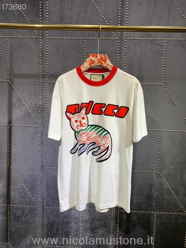 γνήσιας ποιότητας Gucci Cat Graphic Print υπερμεγέθη μπλουζάκι Unisex φθινόπωρο/χειμώνας 2020 συλλογή λευκό