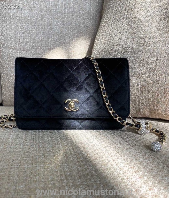 γνήσια ποιοτική Chanel Woc τσάντα με αλυσίδα γούρι 20cm βελούδο/δέρμα αρνιού χρυσό υλικό συλλογή φθινόπωρο/χειμώνας 2020 μαύρο