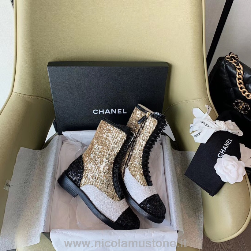γνήσιας ποιότητας Chanel παγιέτες/tweed Lace Up Combat μπότες από δέρμα μοσχαριού συλλογή άνοιξη/καλοκαίρι 2020 λευκό/μαύρο/χρυσό
