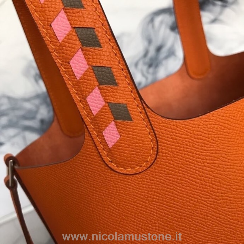 γνήσιας ποιότητας Hermes Tressage De Cuir Picotin τσάντα κλειδαριάς 18cm Epsom δέρμα μοσχαριού ραμμένο στο χέρι παλλάδιο υλικό πορτοκαλί παπαρούνας